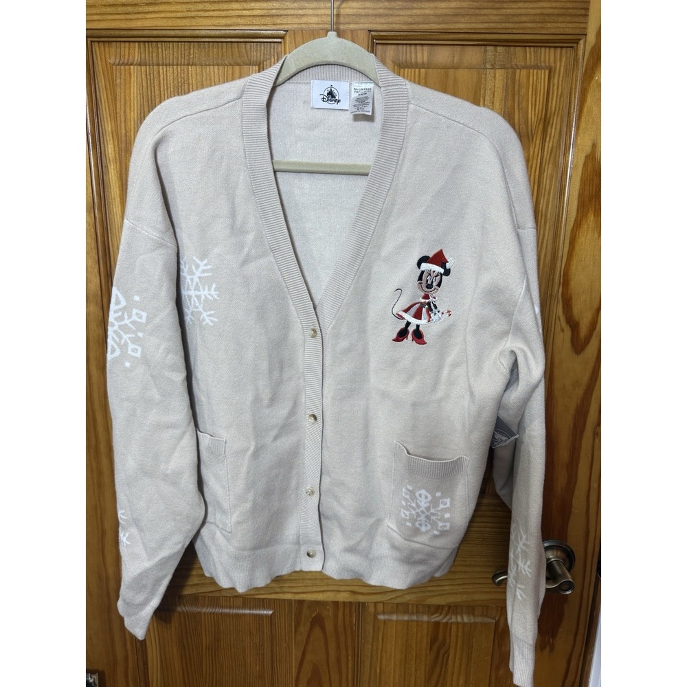 Disney Parks Christmas Minnie‎ Mouse Embroidered Knit Cardigan Sweater XL Tan
